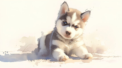 Fototapeta premium A watercolor Siberian Husky puppy sitting playfully, tilting its head, against a clean white background