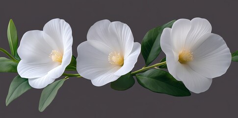Three white flowers with green leaves on a grey background.