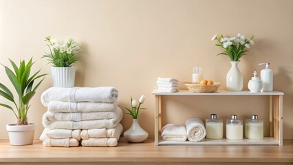 White Clean Towels and Shelves with Cosmetics on a Soft Color Background for Spa and Beauty Treatments, Ideal for Wellness and Self-Care Themes with Copy Space