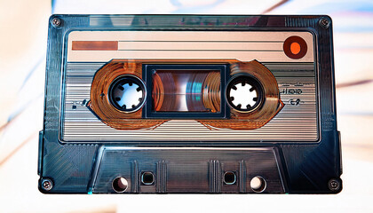 Obraz premium Close-Up Depiction of an Old Audio Tape Compact Cassette with Retro Design