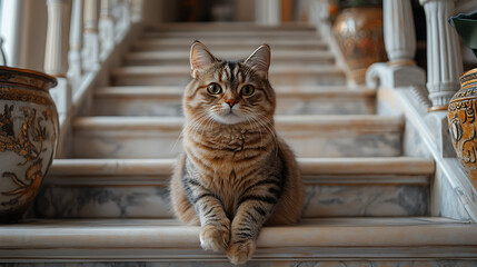 A cat lounging on marble stairs, surrounded by decorative vases in a stylish interior.