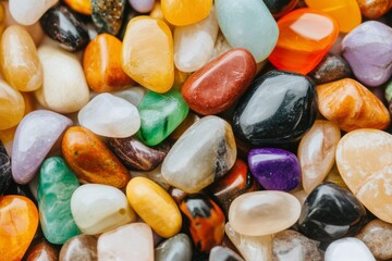 Colorful collection of smooth stones arranged on a flat surface for decoration and crafting