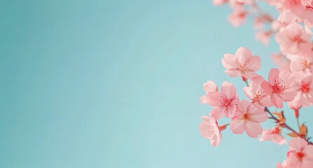 Fototapeta premium Cherry blossoms bloom in spring against a soft blue background showcasing natures beauty