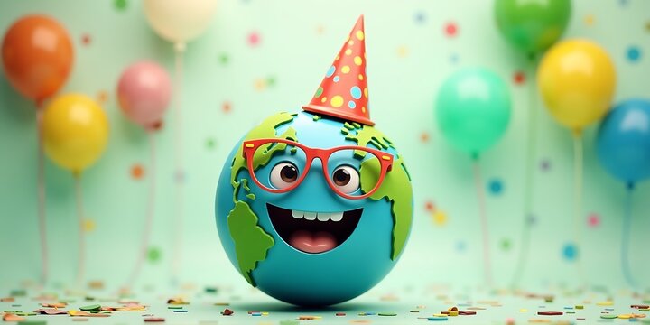 Happy cartoon Earth character wearing a party hat and glasses, celebrating with colorful balloons in the background
