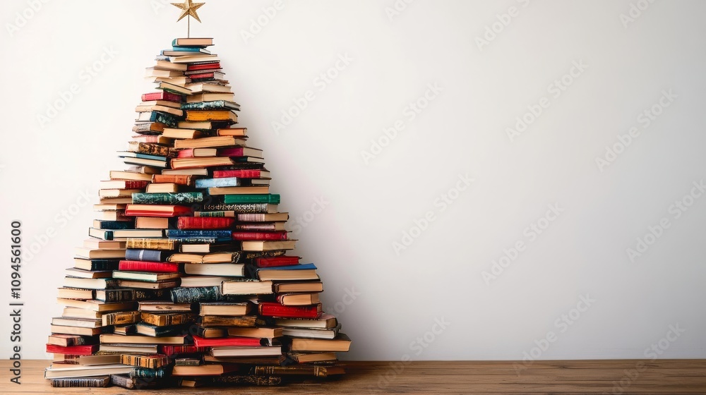 Aufkleber christmas tree made of books. the tree is very tall and has many books stacked on top of each other.