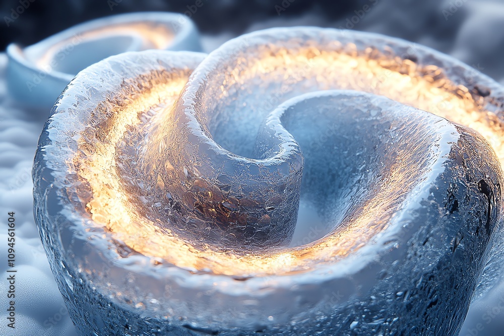 Poster abstract icy spiral with glowing elements, suggesting a blend of nature and technology.