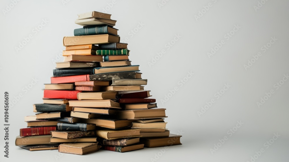 Poster stack of books is piled up in a pyramid shape. the books are of various sizes and colors, and they a