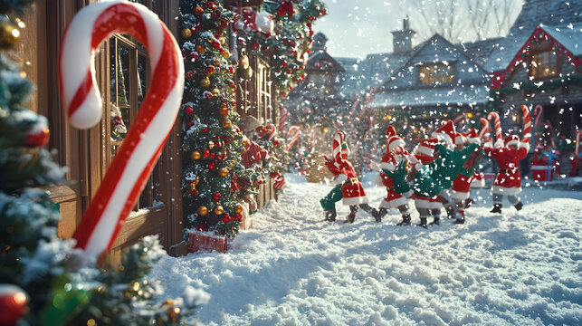 A lively snowball fight between elves outside Santas workshop surrounded by festive candy cane decorations.