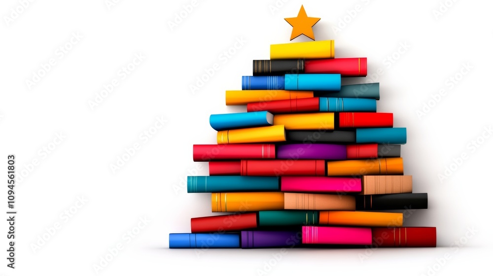 Poster Stack of books is piled on top of each other to form a Christmas tree. The books are of different colors and sizes, and the tree is topped with a star. Concept of warmth and joy