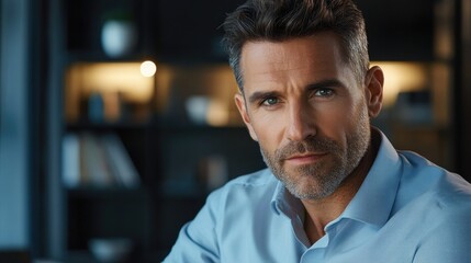 Obraz premium Confident mature businessman with a serious expression, dressed in a light blue shirt, posing in a modern office setting with soft lighting.