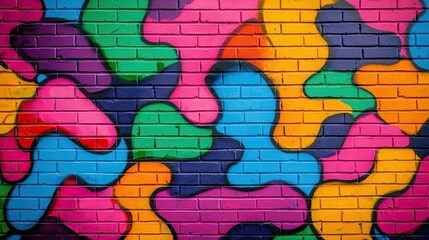 Freedom expression and symbolic, A vibrant, abstract mural featuring colorful shapes on a brick wall, showcasing artistic expression and urban creativity.