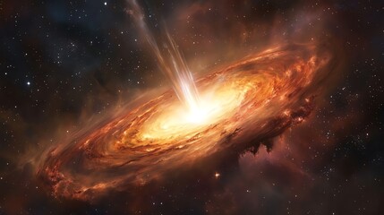 A vibrant cosmic scene depicting a galaxy with a bright core and swirling gases.