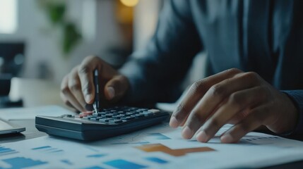 Person calculating figures using calculator and documents