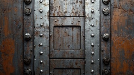 Fototapeta premium A rusty metallic door with rivets and a rectangular window, suggesting industrial design.