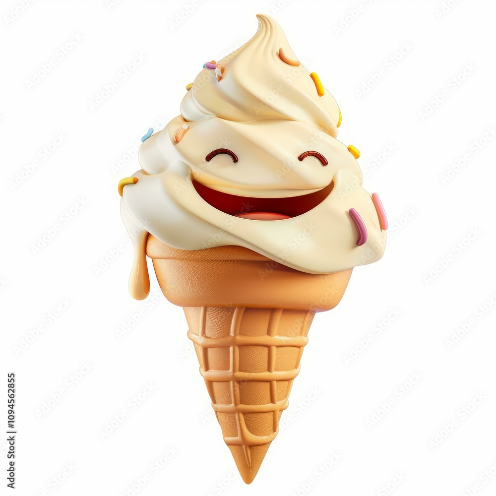 Poster 3d rendering of a melting vanilla ice cream cone with a happy face and colorful sprinkles, isolated 
