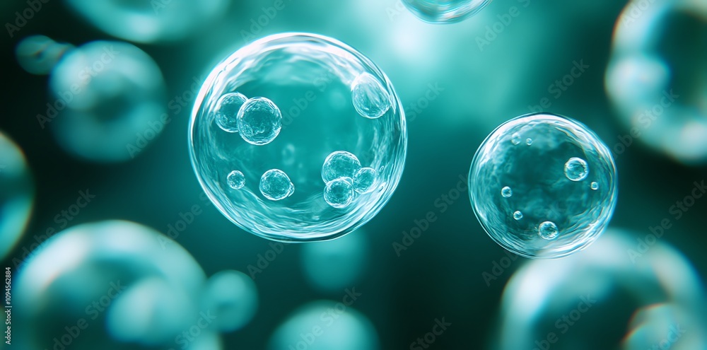 Poster A close-up view of translucent bubbles in a fluid medium, illustrating microscopic phenomena.