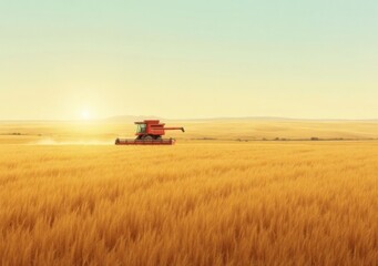 Obraz premium Harvesting wheat fields at sunset with a combine in open farmland