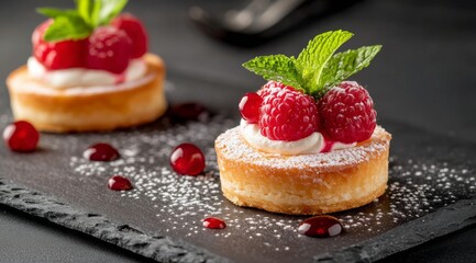 Delicious raspberry tarts on a black serving platter in a modern kitchen setting