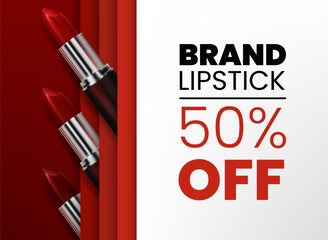 A 3D realistic red lipstick in elegant, glossy silver and black packaging. Premium banner template for cosmetics sales or promotions. For discounts, offers, and branding. Not AI.