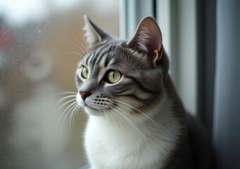 Obraz premium Close-up of a serene gray striped cat gazing out of a window on a calm day