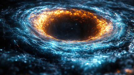 Dark vortex surrounded by swirling cosmic gas and bright energy in a deep space setting at night. Generative AI