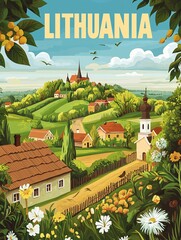Discover Lithuania's breathtaking landscapes and rich culture through a vibrant poster featuring its lush countryside and historic Vilnius architecture.
