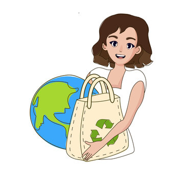 Vector Illustration of Earth Day Anime-Style Girl with Recycle Bag, Transparent Background Image

