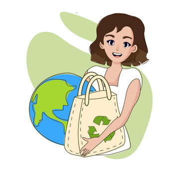 Vector Illustration of Earth Day Anime-Style Girl with Recycle Bag, Transparent Background Image

