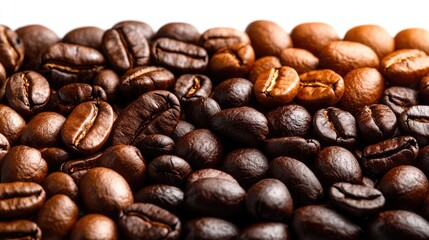 Naklejka premium Freshly Roasted Coffee Beans Varied in Color and Texture on a Bright White Background, Showcasing High-Quality Detail and Rich Aroma