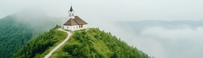 Fototapeta premium A serene, picturesque church perched atop a lush green hill, surrounded by misty mountains, offering a tranquil escape into nature.