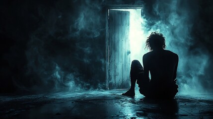 Obraz premium Solitary Figure Sitting in Dark Room Stares at Closed Door Symbolizing Hopelessness and Isolation
