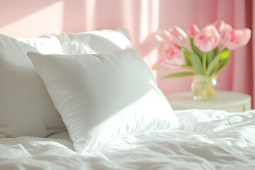 White Pillows and Sheets on a Bed with Tulips
