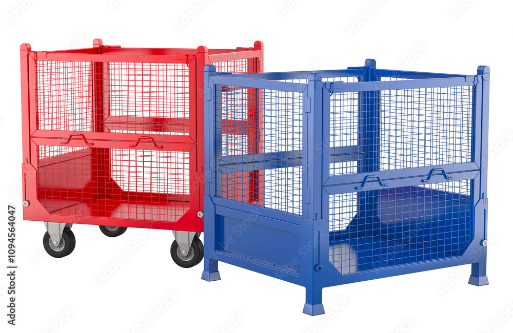 Poster collapsible transportation box pallet and collapsible wire mesh pallet with wheels, 3d rendering iso