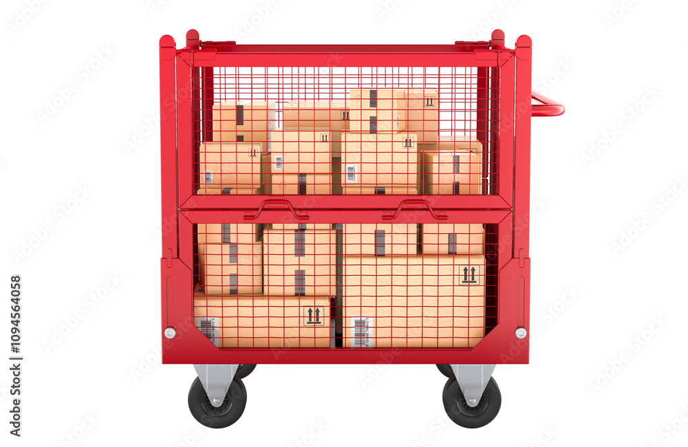 Poster cardboard boxes inside collapsible wire mesh pallet with wheels, 3d rendering isolated on transparen