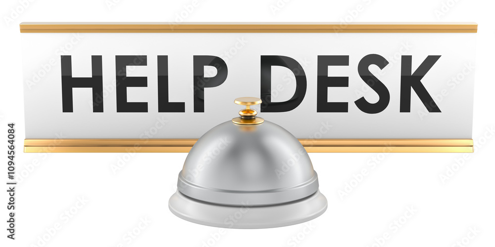 Poster help desk, concept. reception bell with desk plate, 3d rendering isolated on transparent background