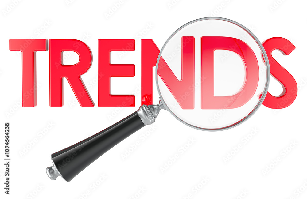 Aufkleber trends concept with magnifying glass. 3d rendering isolated on the transparent background