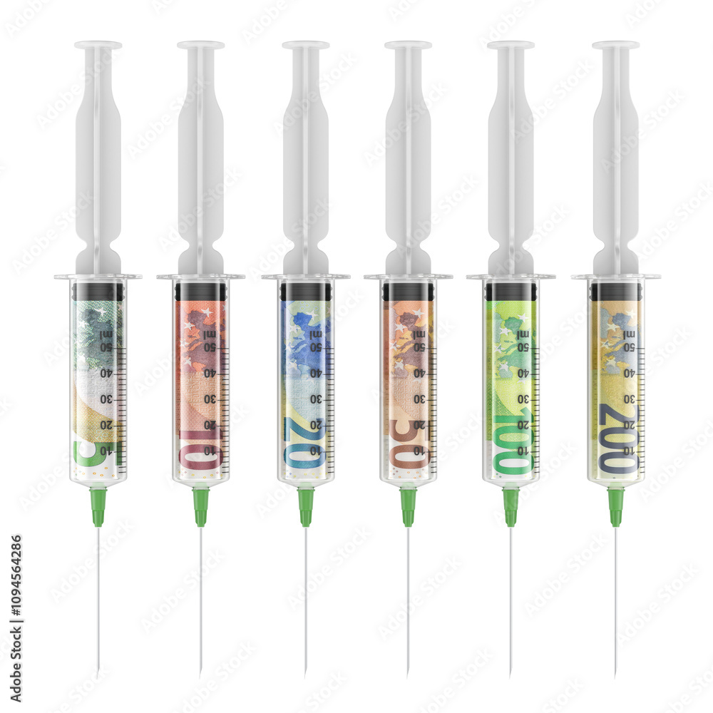 Poster syringes with euro banknotes inside in row, 3d rendering isolated on transparent background