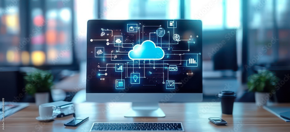Poster modern office workspace with cloud computing and erp software visualization