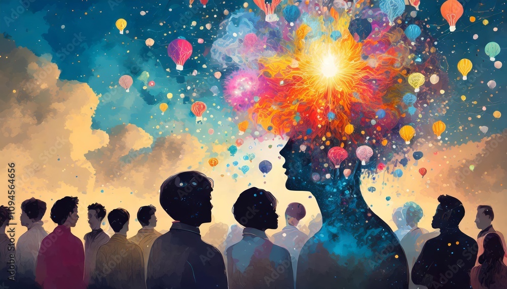 Poster illustration of annual collective mind concept art: exploding mind visualizing inner worlds and coll