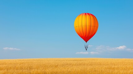 Naklejka premium Freedom expression and symbolic, A vibrant orange hot air balloon floats above a golden wheat field under a clear blue sky, creating a picturesque scene of adventure and nature.