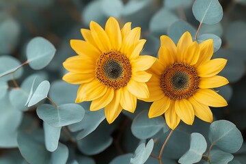 Naklejka premium Two bright yellow sunflowers with green leaves.