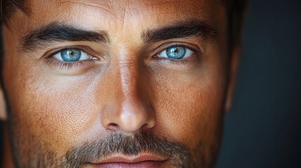 Man with a beard and blue eyes. The man has a blue eye shadow on his eye