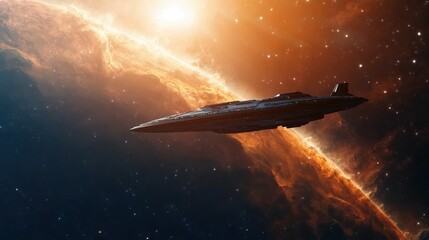 Freedom expression and symbolic, A futuristic spacecraft glides through a vibrant cosmic backdrop, illuminated by the glow of a distant star and surrounded by swirling nebulae.