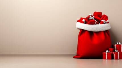 Red Santa bag filled with presents is on a white background. The bag is the focal point of the image, and the presents surrounding it create a festive and joyful atmosphere