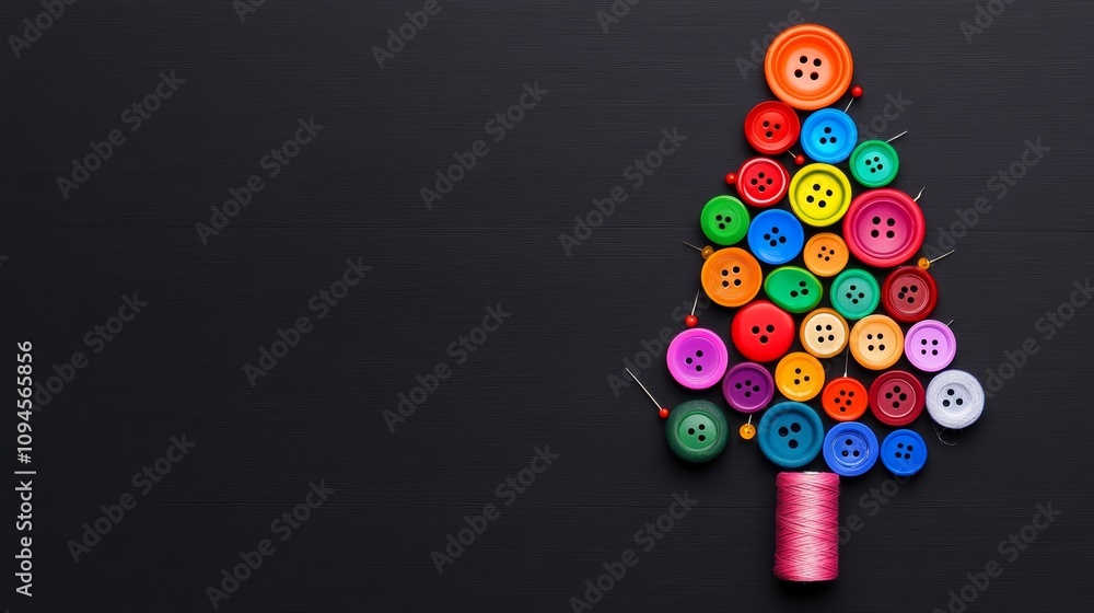 Poster colorful tree made of buttons is displayed on a black background. the buttons are arranged in a way 