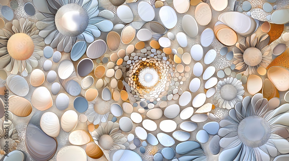 Poster the image contains an abstract swirling pattern of stylized flowers and smooth stones in varying sha