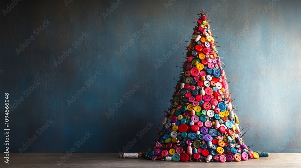 Poster colorful christmas tree made out of buttons. the tree is made up of many different colored buttons, 