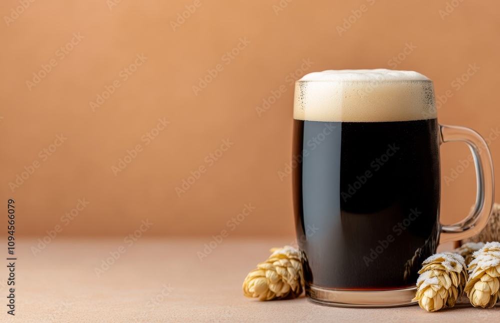 Poster dark beer served in a frosty mug with hops on a rustic surface
