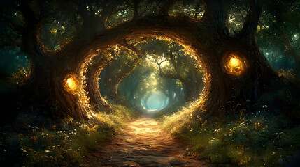 Enchanted Forest Path - Glowing Tree Trunks Illustration