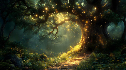Obraz premium Enchanted Forest Illustration with Glowing Tree